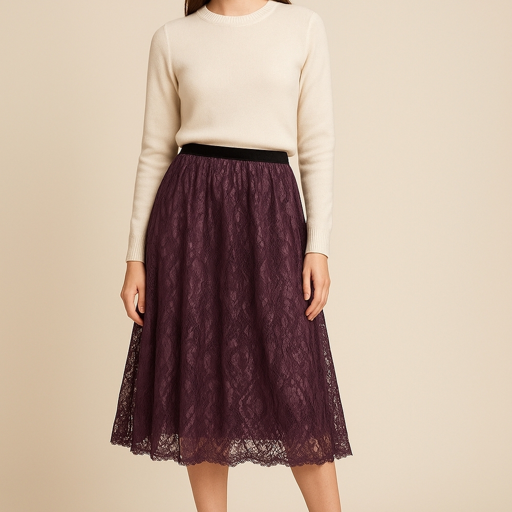 DKNY Deep Purple Lace A-Line Skirt